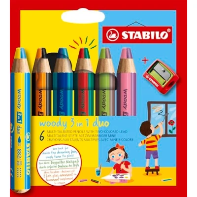Abbildung von duo Buntstift, Wasserfarbe &amp; Wachsmalkreide STABILO woody 3 in 1 zweifarbige Mine 6er Pack mit Spitzer 6 Stiften und 12 verschiedenen Farben