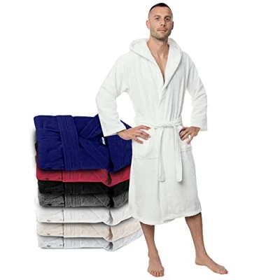 Abbildung von Twinzen Bademantel Herren L Beige 100% Baumwolle (350g/m²) Oeko TEX® Zertifiziert mit Kapuze, 2 Taschen, Gürtel