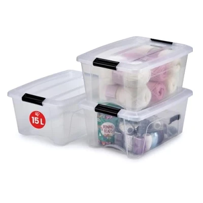 Abbildung von Iris Ohyama Aufbewahrungsboxen mit Deckel, 15L, 3er Set, Transparent, Sicherer Verschluss, Stapelbar, Griffe, Schlafzimmer, Schrank, Büro, Organisation, BPA freies Plastik, Ordnungsboxen, NTB 15