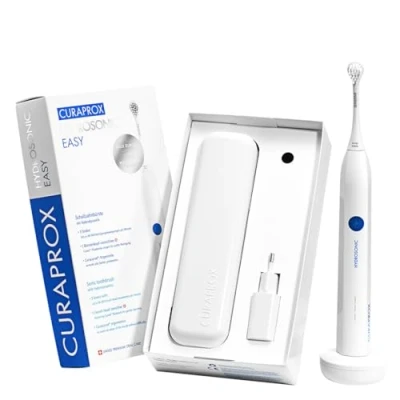 Abbildung von Curaprox Elektrische Schallzahnbürste Hydrosonic easy, 3 Putzstufen, 2 Minuten Timer, Bürstenkopf sensitive, starker Akku, mit Ladegerät und Travel Case