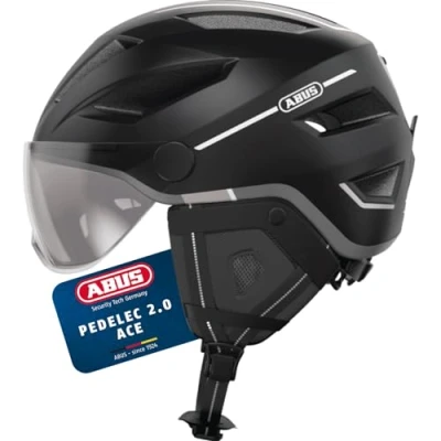 Abbildung von ABUS Stadthelm Pedelec 2.0 ACE Fahrradhelm mit Rücklicht, Visier, Regenhaube, Ohrenschutz für Damen und Herren Schwarz Matt, Größe S