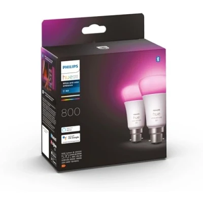 Abbildung von Philips Hue Ambiance LED Glühbirne, B22 Bajonettsockel, 800 Lumen, entspricht 60 W, Weiß/Farbe, 2 Stück Funktioniert mit Alexa, Google Assistant und Apple Homekit