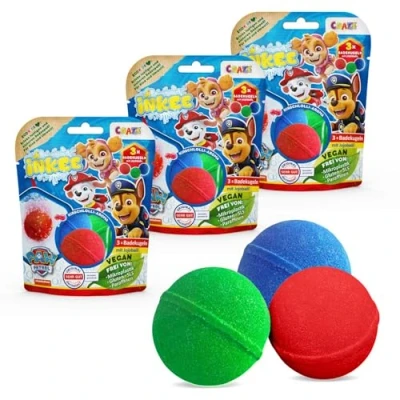 Abbildung von INKEE Paw Patrol Badebomben Kinder 9er Pack 9x Badekugeln in 3 Farben mit Jojobaöl &amp; Kirschlolli Aroma 3x50g
