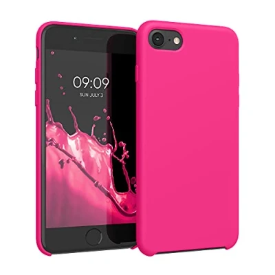 Abbildung von kwmobile Hülle kompatibel mit Apple iPhone SE (2022) / (2020) 8 7 Silikon Handy Case Handyhülle weiche Oberfläche kabelloses Laden Neon Pink