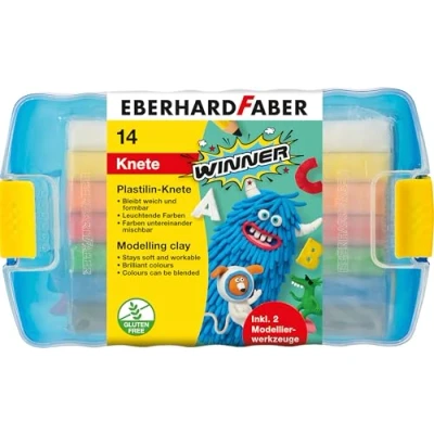 Abbildung von Eberhard Faber 572010 Plastilin Knete Winner, 14er Kunststoffbox mit 7 leuchtenden Farben und 2 Modellierwerkzeugen