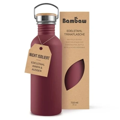 Abbildung von Bambaw Edelstahl Trinkflasche 750ml, Nicht islierte Rot, Spülmaschinenfest, Nachhaltige Trinkflasche, Auslaufsicher Kirschrot