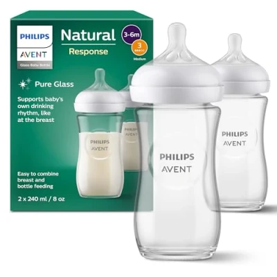 Abbildung von Philips Avent Babyflaschen Natural Response aus Glas 2x Babyflasche, 240 ml, BPA frei, für Neugeborene ab 1 Monat (Modell SCY933/02)