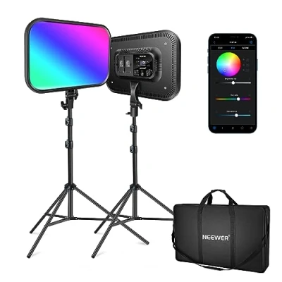 Abbildung von NEEWER RGB168 18,3&quot; 60W RGB LED Videoleuchte Panel Set mit Stative Ständer App Steuerung 360Vollfarbe Dimmbar 2500K 8500K Videolicht/CRI 97+/17 Szeneneffekten Studio Dauerlicht Fotografie, 2Pack