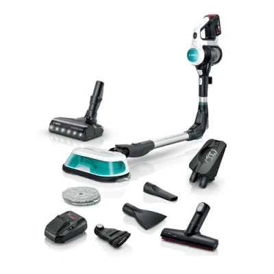 Abbildung von Bosch Akku Staubsauger Unlimited 7 ProHygienic Aqua BKS71HYG1, kabellos, 2in1 Saugen &amp; Wischen, Knickrohr, HEPA Filtersystem, 10 J. Motorgarantie, Wechselakku, Schnellladegerät, Made in Germany, weiß