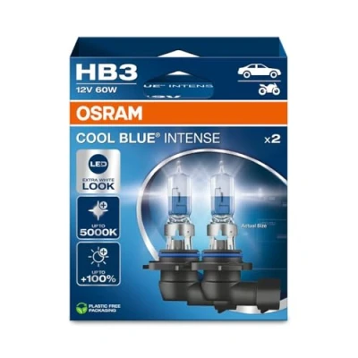 Abbildung von Osram COOL BLUE® INTENSE HB3, +100% more brightness, up to 5,000K, halogen headlight lamp, LED look, Hanging folding box (2 lamps)