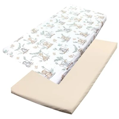 Abbildung von TupTam Baby Spannbettlaken Kinder Spannbetttuch für Babybett Kinderbett 2er Pack, Farbe: Safari Schaukel Grün, Größe: 90 x 200 cm