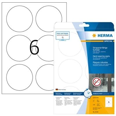 Abbildung von HERMA 8336 Wetterfeste Folienetiketten rund, 25 Blatt, Ø 85 mm, 6 pro A4 Bogen, 150 Stück, selbstklebend, bedruckbar, matt, blanko Klebeetiketten Aufkleber aus Folie, weiß