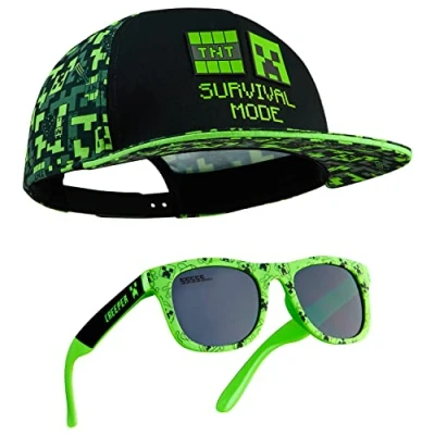 Abbildung von Minecraft Baseball Cap Kinder 2er Set Snapback &amp; UV Sonnenbrille Jungen Sonnenschutz Gamer Geschenke für Jungs (Schwarz/Grün)