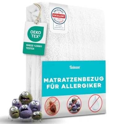 Abbildung von Twinzen Matratzenbezug 180x200 x 25 cm mit Reißverschluss Wasserdichter Matratzenschutz für Allergiker Matratzenhülle gegen Milben &amp; Bettwanzen Bi Ome Oeko Tex