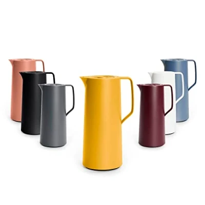 Abbildung von Emsa N41708 Motiva Isolierkanne 1 Liter Quick Press Verschluss 12h heiß, 24h kalt Glaskolben Made in Germany Nordisches Design Gelb, Senfgelb
