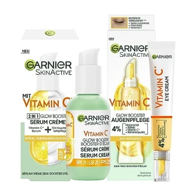 Abbildung von Garnier Vitamin C Glow Booster Set mit Anti Müdigkeits Augenpflege und Serum Crème, Für eine strahlende ebenmäßige Haut zur Milderung von Müdigkeitsanzeichen, SkinActive, 2 teilig
