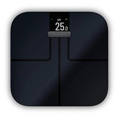 Abbildung von Garmin Index S2 Smart Waage misst das Gewicht, Gewichtstrend, Körperfettanteil, Muskelmasse, BMI. Mit WLAN, Connect App Anbindung und für bis zu 16 Personen, Schwarz