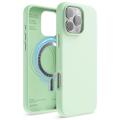 Abbildung von elago Magnetisch Silikon Hülle Kompatibel mit iPhone 16 Pro Max 6,9 Zoll, Allen MagSafe Zubehör Eingebaute Magnete, Soft Grip Silikon, Stoßfest (Soft Mint)