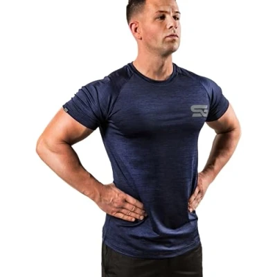 Abbildung von Satire Gym® Fitness Slim Fit T Shirt Herren Funktionelles &amp; schnell trocknendes Sportshirt Kurzarm als Bodybuilding Workout Gym (M, Navy Blue meliert)