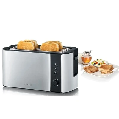 Abbildung von SEVERIN Automatik Langschlitztoaster für 4 Toastscheiben, mit Brötchenaufsatz hochwertiger Edelstahl Toaster großen Röstkammern und 1.400 W Leistung, gebürstet/schwarz, AT 2590