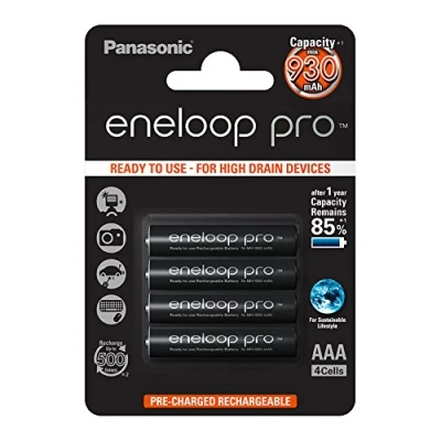 Abbildung von eneloop pro, AAA/Micro NI MH Akku, 4er Pack, Kapazität mit min. 930 mAh, Ready to Use Akkus, bis zu 500 Mal wiederaufladbar, plastikfreier Verpackung, schwarz