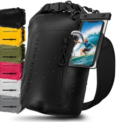 Abbildung von Nordlight Dry Bag wasserdichte Tasche mit Handyhülle + Roll Top, Schultergurt Drybag wasserfester Rucksack Beutel Packsack Seesack Wassersack Wetbag Baden Schwimmen Strand SUP Schwarz, 10 Liter