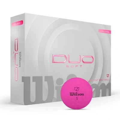 Abbildung von Wilson Duo Soft Golfbälle, Sanftes Spielgefühl und dynamische Energie, Geschwindigkeitssteigerung mit präzisem Flugdesign, Pink, 12er Pack