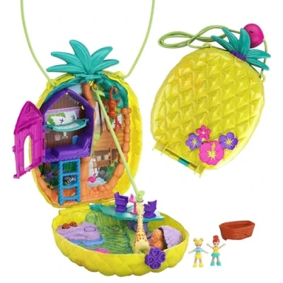 Abbildung von Polly Pocket GKJ64 Ananas Taschen Schatulle, tragbar, mit 8 lustigen Funktionen, den kleinen Puppen und Lila, 2 Zubehörteilen Stickerbogen; Spielzeug für Kinder ab 4 Jahren