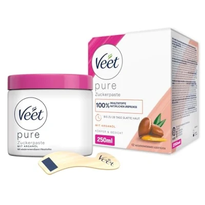 Abbildung von Veet Pure Zuckerpaste mit Arganöl Sugaring Paste für die Haarentfernung an Körper &amp; Gesicht 1 x 250 ml inkl. Holzspatel Stoffstreifen