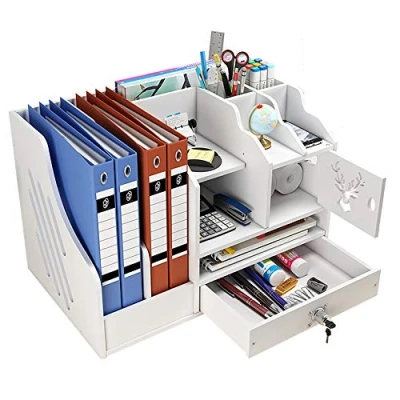 Abbildung von Weißer Schreibtisch Organizer mit großer Kapazität, Ordner fürs Büro, Ablage zur ordentlichen Aufbewahrung von A4 Papier, Stiften, Büchern, Briefen, Dokumenten, PB02