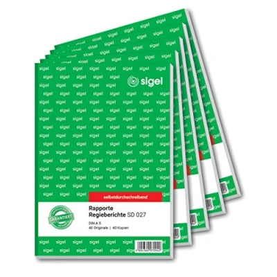 Abbildung von SIGEL SD027/5 Rapport / Regiebericht A5, 2x40 Blatt, selbstdurchschreibend, 5er Pack, mikroperforiert, mit Abheftlochung, aus nachhaltigem Papier