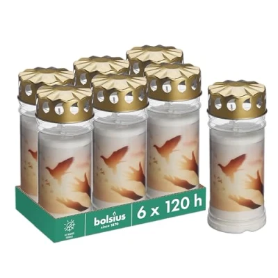 Abbildung von Bolsius Grablicht Weiß Set 6 Stück Länge Brenndauer 120 Stunden Trauerkerze &amp; Gedenkstätte Kerzen Dauerbrenner mit Motiv Taube Unparfümierte Ohne Palmöl Nr5