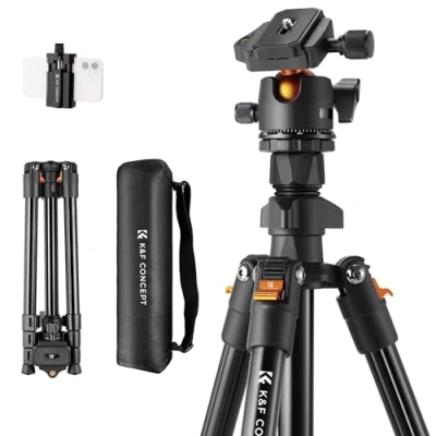 Abbildung von K&amp;F Concept K234A0 Handy Stativ,163cm Kamera Stativ, Tripod für unterwegs (BI234M), Stativ Smartphone mit Handyhalterung, Aluminium Reisestativ