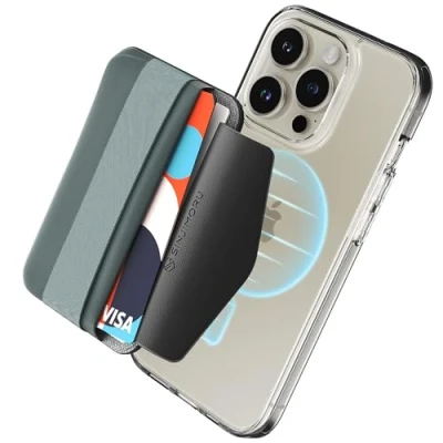 Abbildung von Sinjimoru Magnetischer Handy Kartenhalter mit elastischem Fingerhalter, Kartenetui weichem kompatibel MagSafe Wallet für iPhone 16, 15, 14, 13 &amp; 12 Reihe. M Band Blau Grau