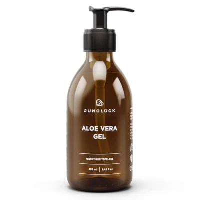 Abbildung von JUNGLÜCK Aloe Vera Gel 250ml Vegan BIO Saft Natürliche After Sun Pflege Kühlt, beruhigt und spendet deiner Haut Feuchtigkeit Ideal bei Sonnenbrand für Gesicht, Haare Körper