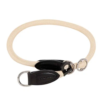 Abbildung von lionto Hundehalsband aus strapazierfähigem Nylon für Hundetraining, Länge 50 cm, 1 cm Dicke, Zugstopp Halsband Hunde, Lederimitat mit Metallring &amp; Anpassung durch stufenlosen Schieber, beige