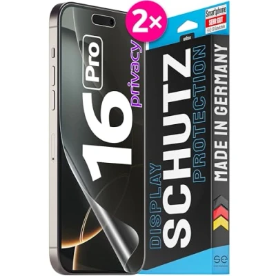 Abbildung von 2x se® 3D SCHUTZFOLIE Privacy für Apple iPhone 16 Pro ,Blickschutz entspiegelt, 100% Fingerabdruck &amp; FaceID kompatibel, anti Fingerabdrücke, Stoß Kratzfest, hüllenfreundlich, produziert in Deutschland
