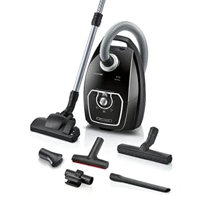 Abbildung von SIEMENS Staubsauger mit Beutel Z7.0 VSZ7X500, ideal für Allergiker, Hygiene Filter, extrem leise, Bodendüse Parkett, Teppich, Fliesen, XXL Polsterdüse, Fugendüse, langes Kabel, 650 W, schwarz