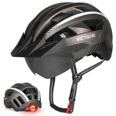 Abbildung von VICTGOAL Fahrradhelm MTB Mountainbike Helm mit magnetischem Visier Abnehmbarer Sonnenschutzkappe und LED Rücklicht Radhelm Rennradhelm für Erwachsenen Herren Damen (M: 54 58cm, Ti)