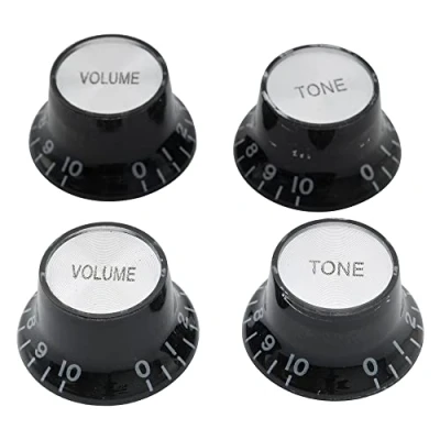 Abbildung von Musiclily Metrisch Gitarre Knöpfe Potiknöpfe 2 Volume Tone Top Hat Bell Knobs Potikopf für Epiphone LP SG Style E Gitarre, Schwarz mit Silberfarbiger Metalleinlage(4 Stück)