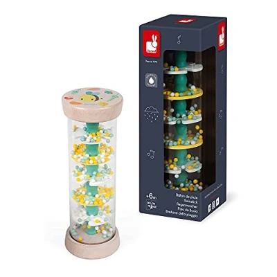 Abbildung von Janod Regenmacher aus Holz Kollektion Pure Baby und Kleinkindspielzeug Entwicklung der Feinmotorik Visuelle akustische Stimulation Farbe auf Wasserbasis Ab 6 Monaten, J05193