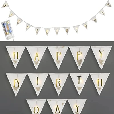 Abbildung von Cepewa Mikro Draht Lichterkette Happy Birthday Flaggen Aufdruck L210cm 13 Fahnen LED warmweiß batteriebetrieben Deko Beleuchtung mit Timer (1 x Birthday)