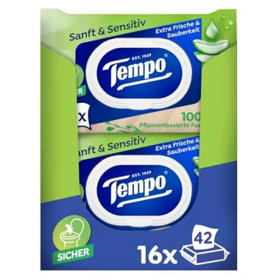 Abbildung von Tempo Feuchte Toilettentücher &quot;Sanft &amp; Sensitiv&quot; Megapack 16 Packungen mit je 42 Tüchern natürlicher Aloe Vera feuchtes Toilettenpapier, dermatologisch getestet und pH hautneutral