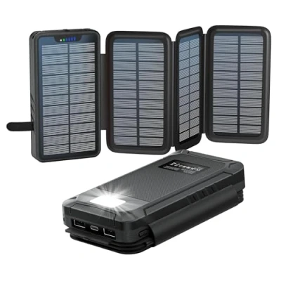 Abbildung von Solar Powerbank 26800mAh, elzle Ladegerät mit 2 USB A Ausgang &amp; 1 C Eingang, Outdoor Wasserfester Externer Akku 4 Solarpanels und Taschenlampe für Smartphones Tablets Camping