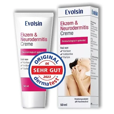 Abbildung von VERGLEICHSIEGER: Evolsin® Ekzem &amp; Neurodermitis Creme I OHNE KORTISON Lotion, Salbe für gereizte, trockene, juckende und irritierte Haut Heilt lindert Juckreiz klinische getestet