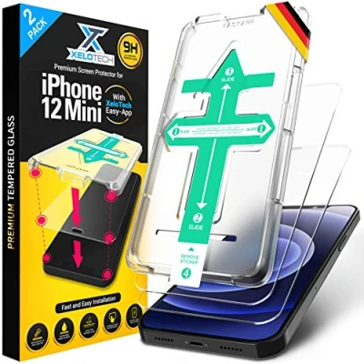 Abbildung von XeloTech [2x Stück] Schutzglas für iPhone 12 MINI 5.4 Zoll, Komplettabdeckung nur mit Glas, Full Cover Schutz Schablone, Panzerglasfolie, Displayschutzfolie, Panzerfolie, Glas Folie