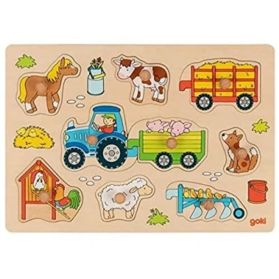 Abbildung von goki 57468 Steckpuzzle Traktor mit Anhängern aus Holz 9 Teile