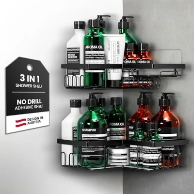 Abbildung von W&amp;S Duschablage Ecke ohne Bohren 2er Set Eckregal Dusche Bad Ablage Edelstahl, Duschregal Rostfrei Regal, Shower Caddy, Badezimmer Organizer, Dusch Korb &amp; Sticker, Shampoo Halterung Schwarz