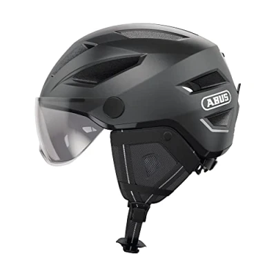 Abbildung von ABUS Stadthelm Pedelec 2.0 ACE Fahrradhelm mit Rücklicht, Visier, Regenhaube, Ohrenschutz für Damen und Herren Dunkelgrau, Größe L​