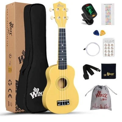 Abbildung von Winzz Sopran Ukulele Starter Kit für Anfänger mit Tasche, Clip On Tuner, Zusätzlichen Saiten, Gurt, Plektron, Griffbrettaufkleber, Akkord Karte, Poliertuch Hellgelb